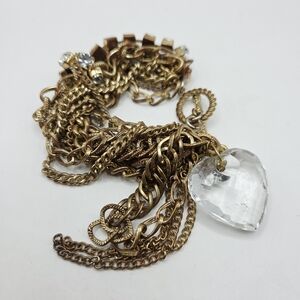Vintage Mixed Chains Clear Heart Charm Bracelet Jewelry